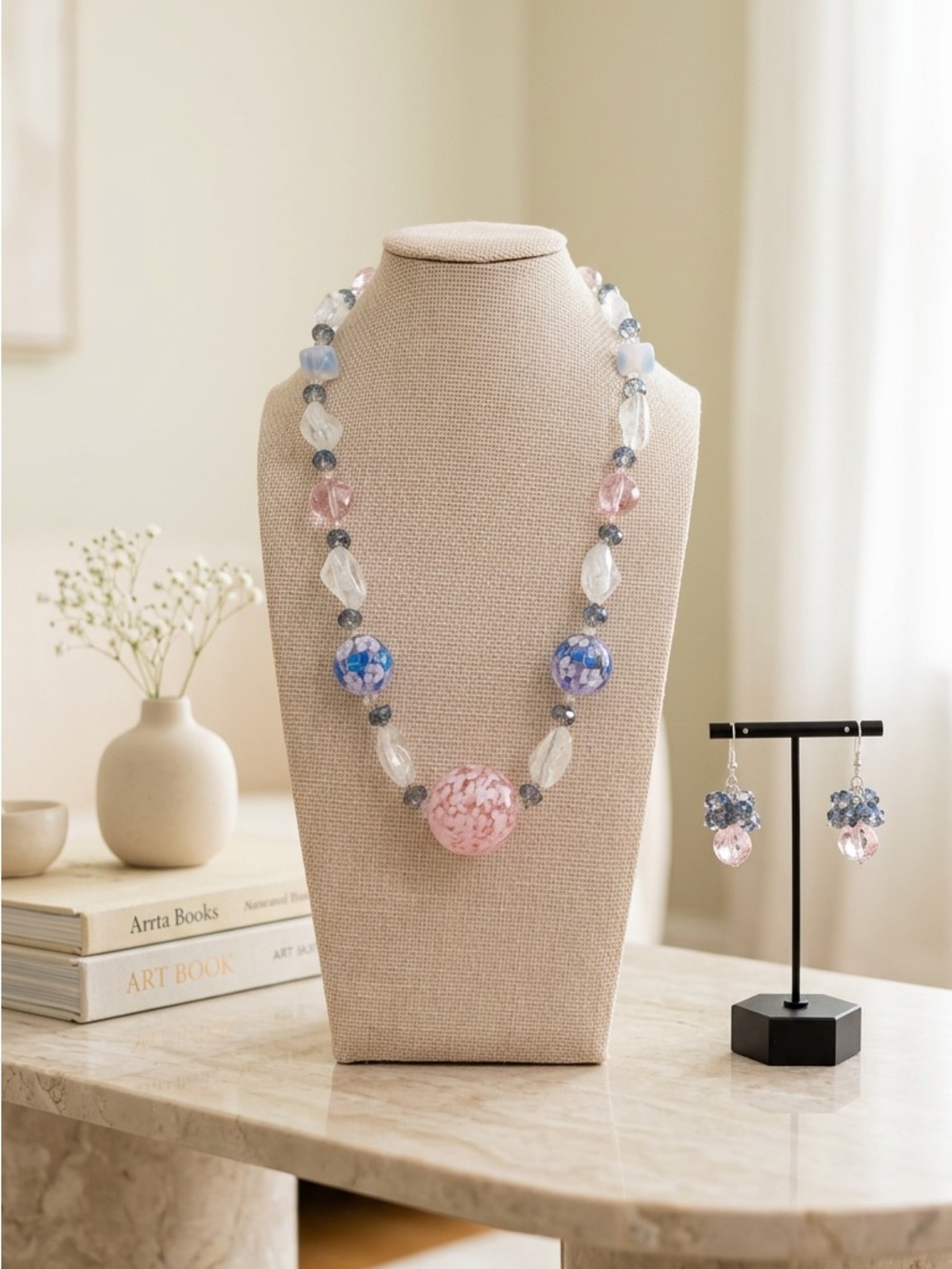Handmade Pink and Blue Glass & Crystal Beaded Statement Necklace & Earrings Set